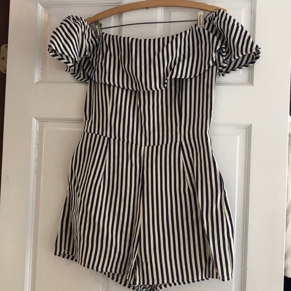 Navy & Cream striped off the shoulder romper
